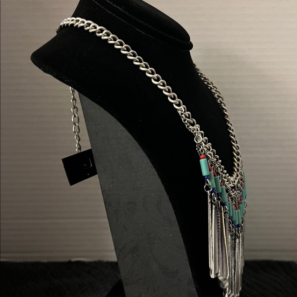 Vintage Silver Blue Statement Necklace Fully Adjustable Drop Length to 10” - Picture 5 of 7